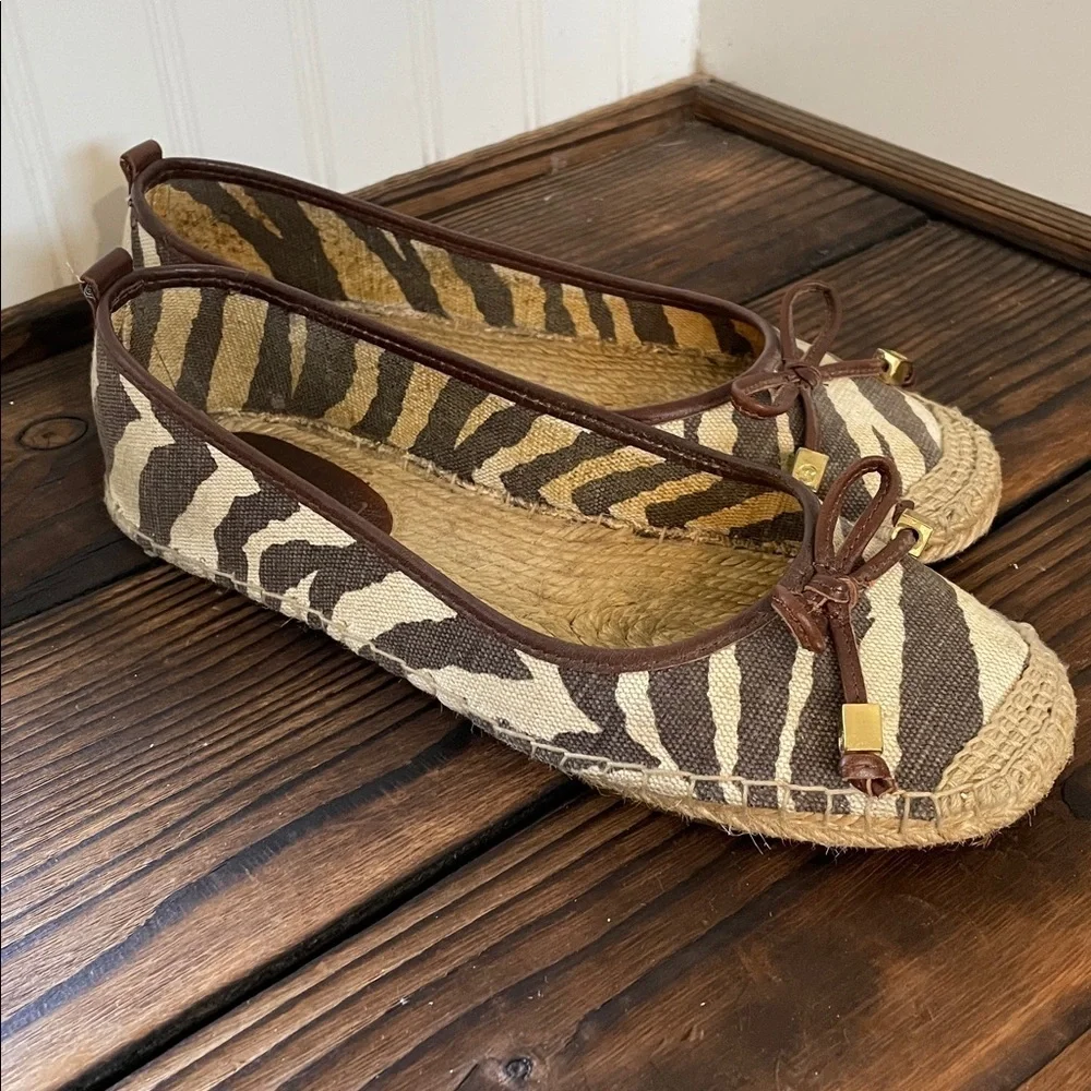 Michael Kors Brown and Tan Zebra Print Espadrille Flats with Bow